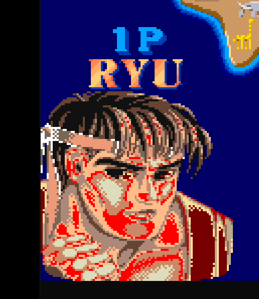 Le portrait de Ryu avec des artefacts de couleur rouge — un bug d'ordre des données