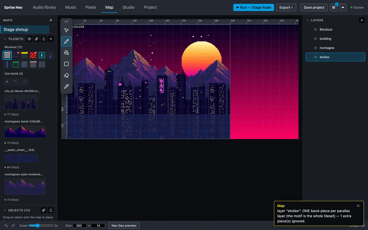 Neo Studio, produit construit par orchestration d'agents IA : l'éditeur de map avec le stage synthwave et ses bandes de parallaxe