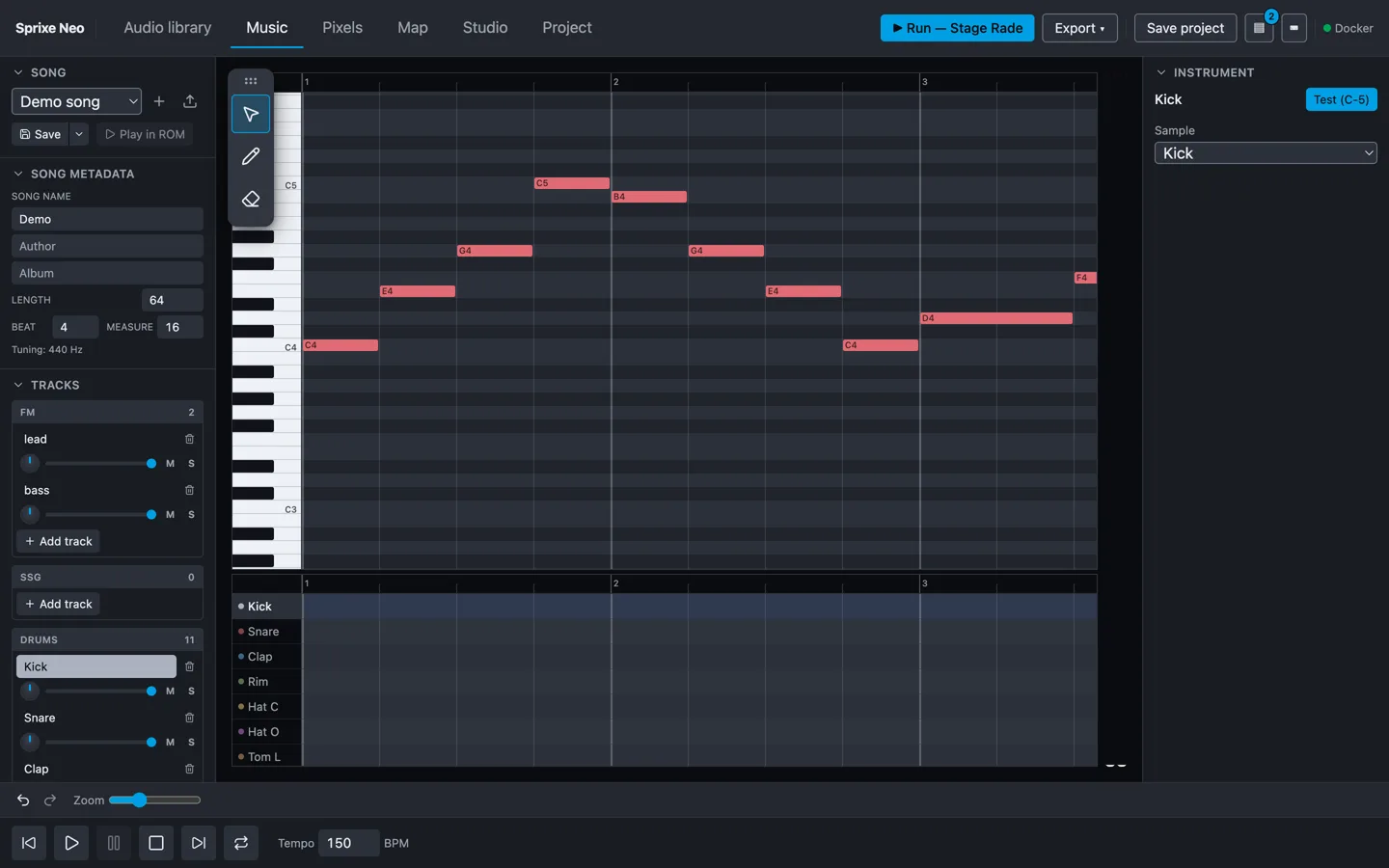 L'éditeur musical de Neo Studio : piano roll, pistes FM et SSG, bande drums — la musique se compose sur le YM2610 lui-même